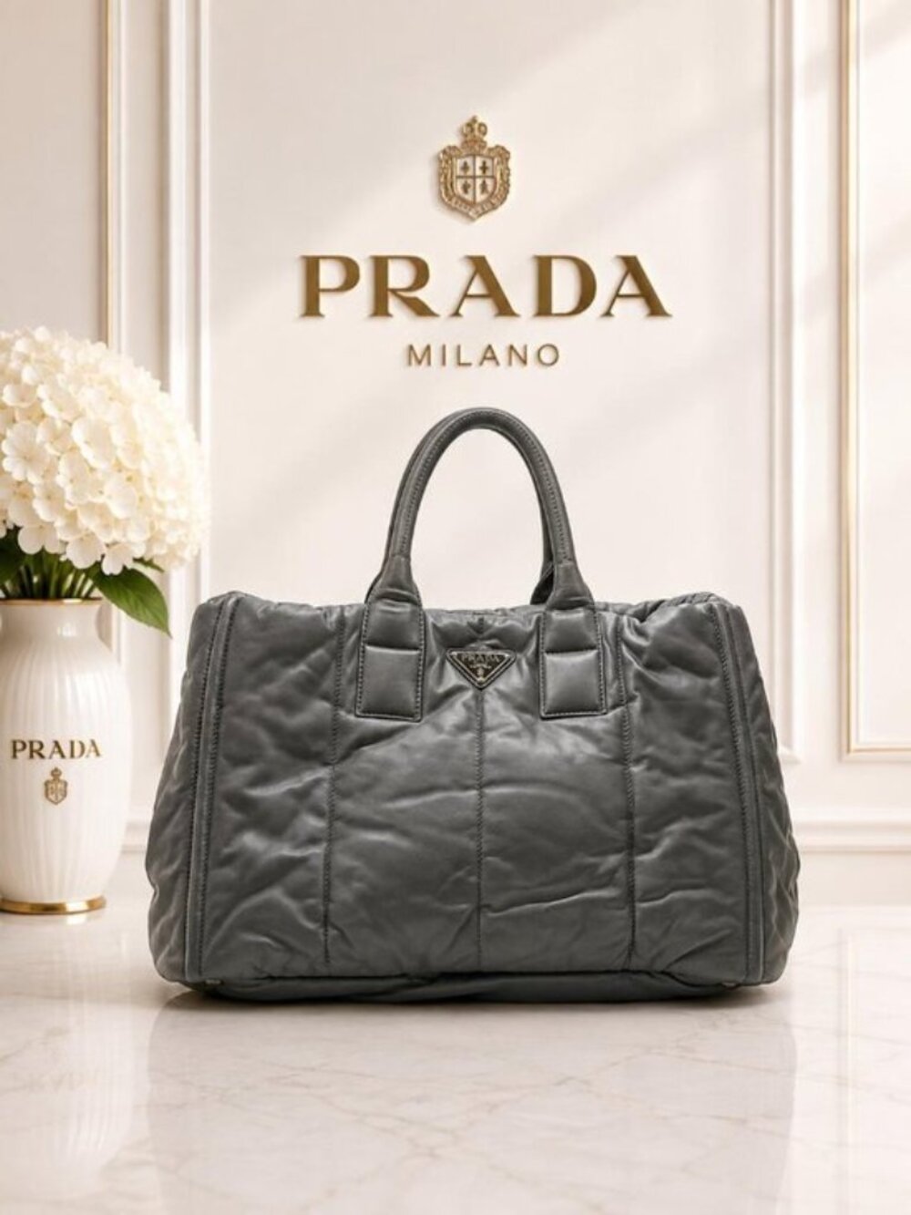 Authentic Prada Bomber Gray Padded Nappa Leather Large Top Handle Tote Handbag